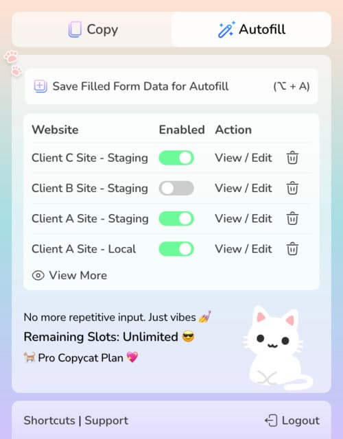 Screenshot of MultiField CopyCat - Autofill Setting List Panel