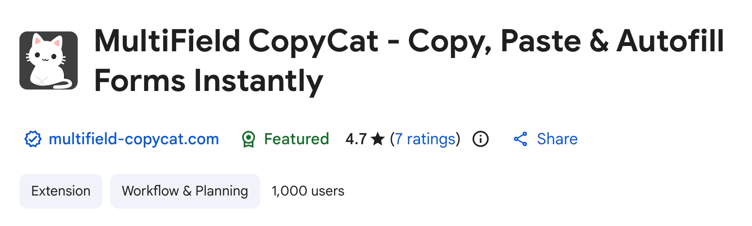 MultiField CopyCat reached more than 1000 users on Chrome Web Store