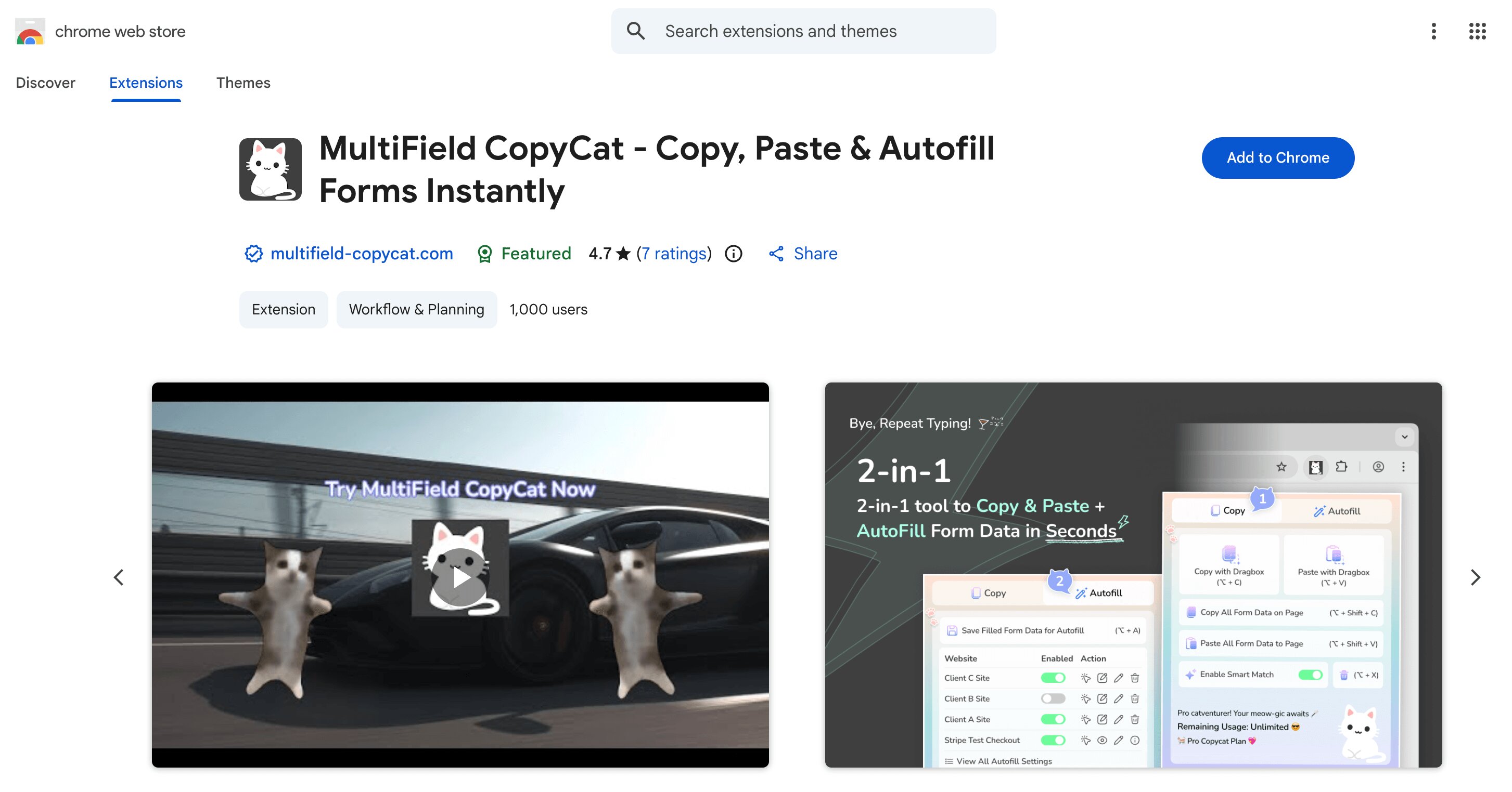 MultiField CopyCat: Chrome Web Store installation page