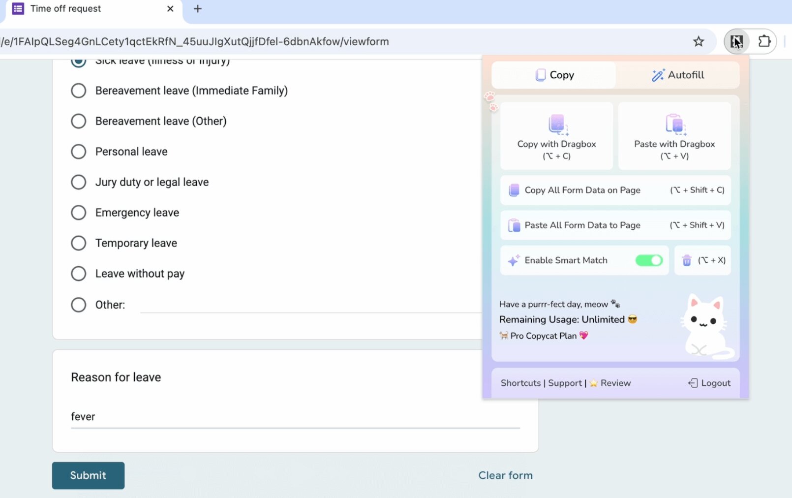 Click extension icon to open extension popup | MultiField CopyCat Form Autofill Extension