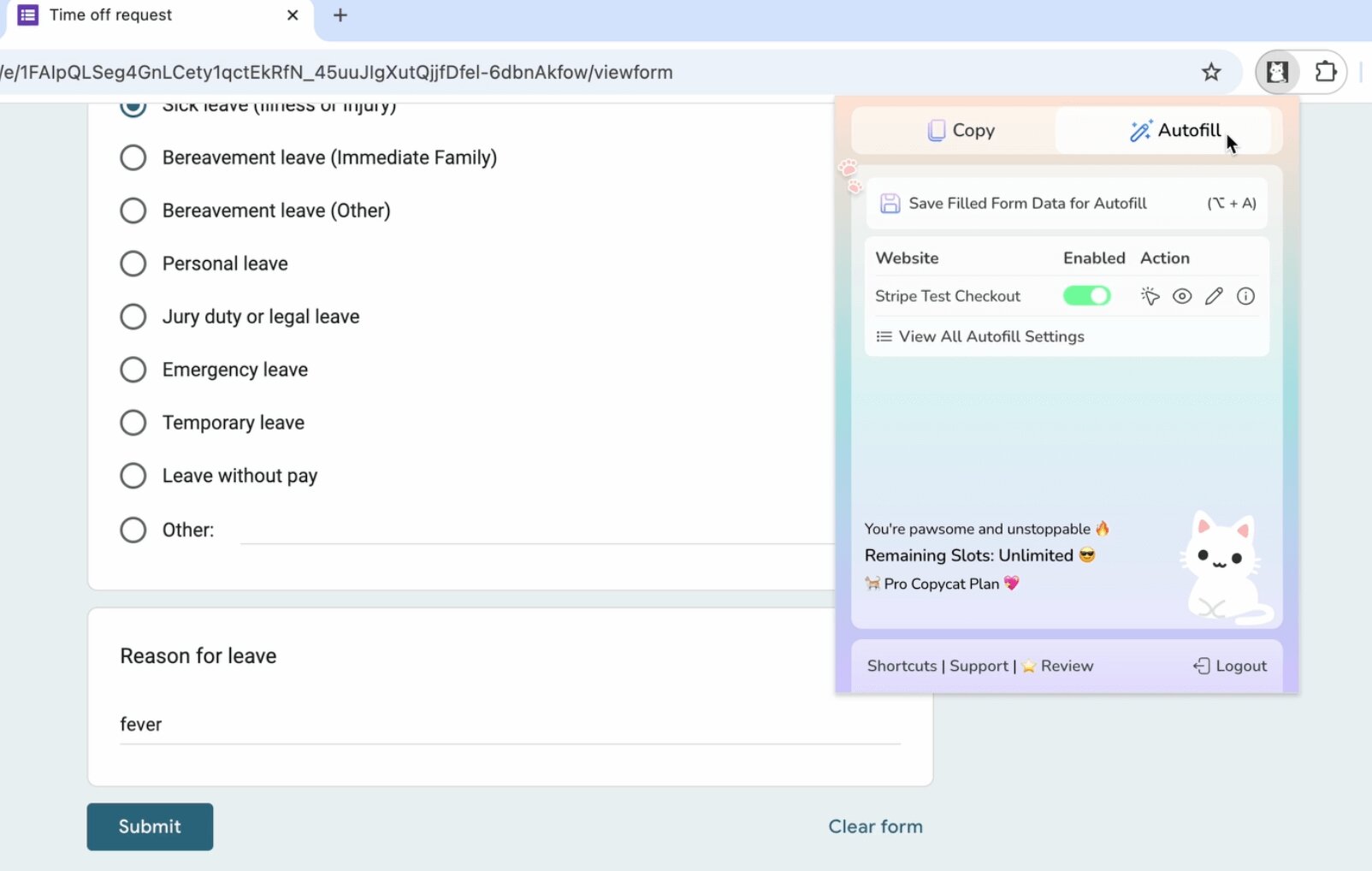 Switch to Autofill tab in extension popup | MultiField CopyCat Form Autofill Extension