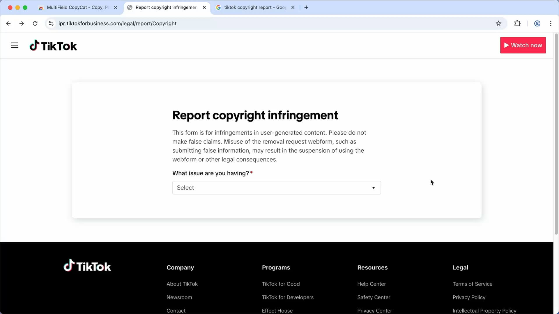 Go to the TikTok Copyright Infringement Report page | MultiField CopyCat