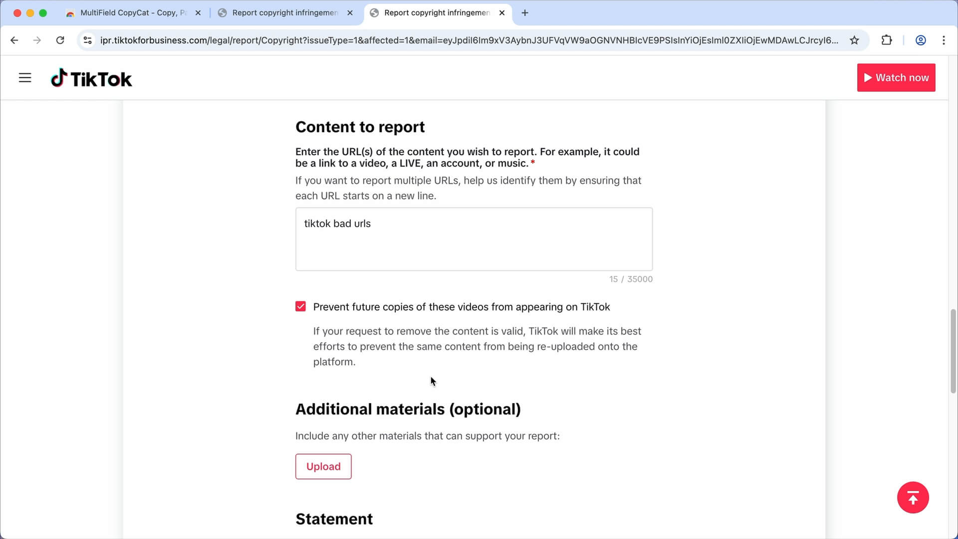 Filling in the TikTok form | MultiField CopyCat