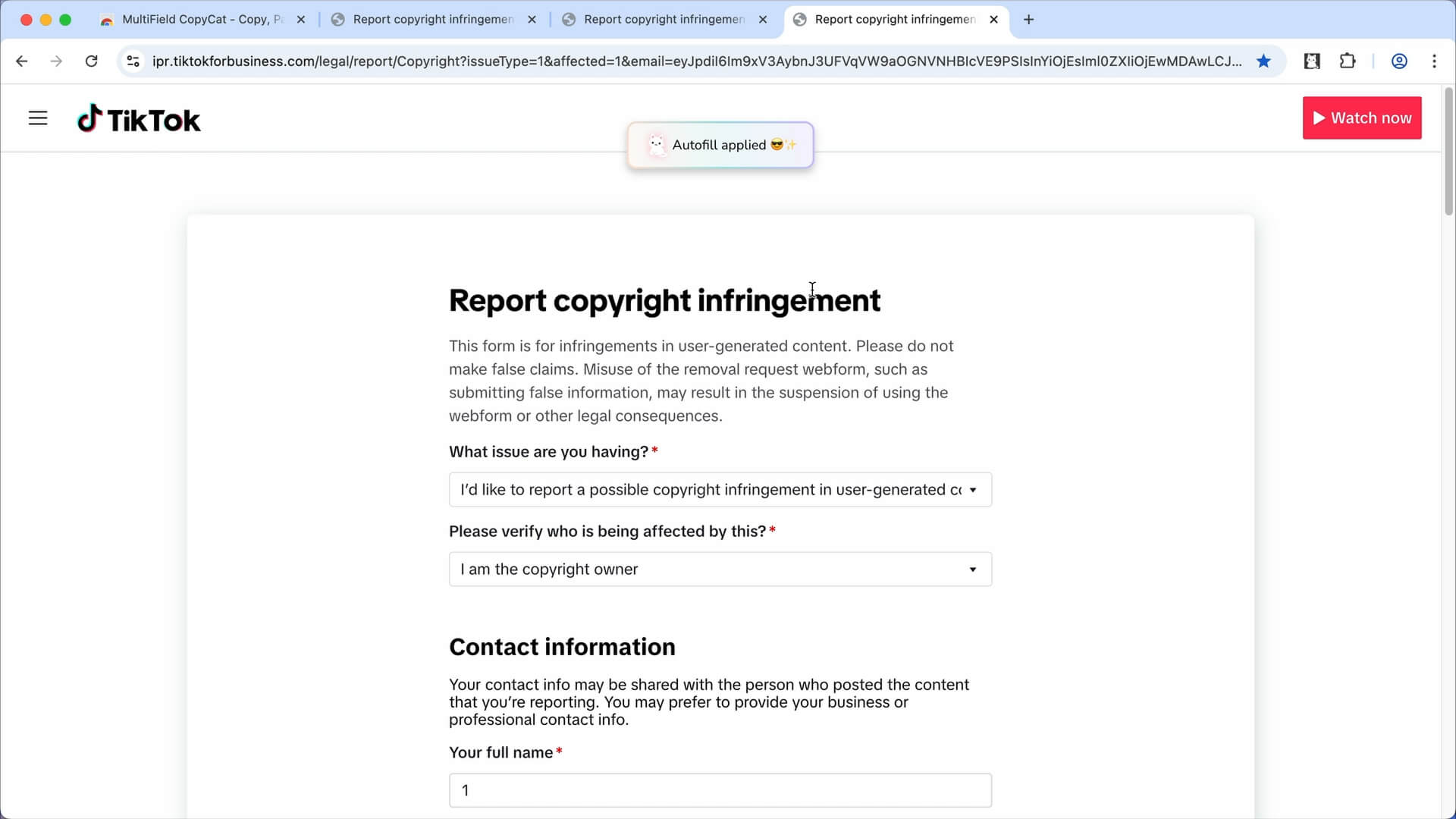 TikTok Form is now autofilled instantly on page load by MultiField CopyCat Chrome Extension