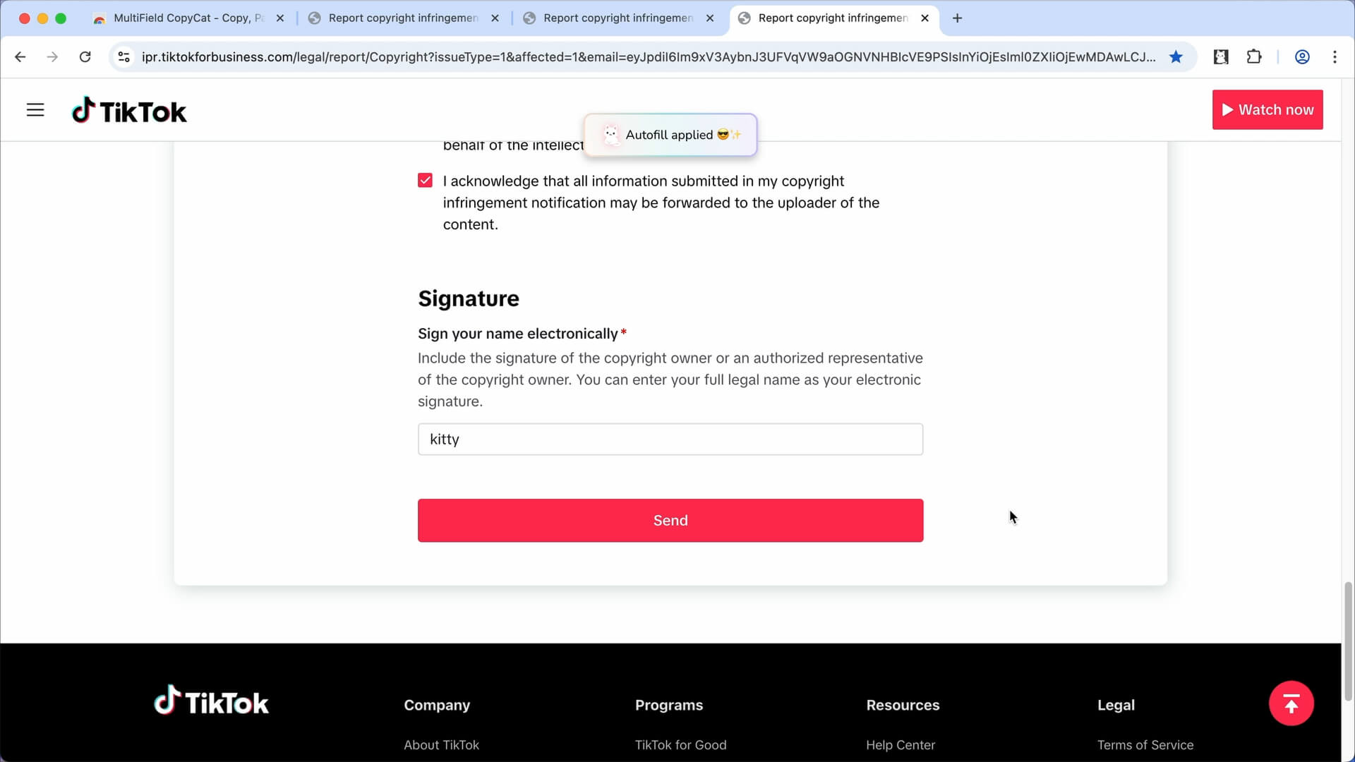 TikTok Form is now autofilled instantly on page load by MultiField CopyCat Chrome Extension
