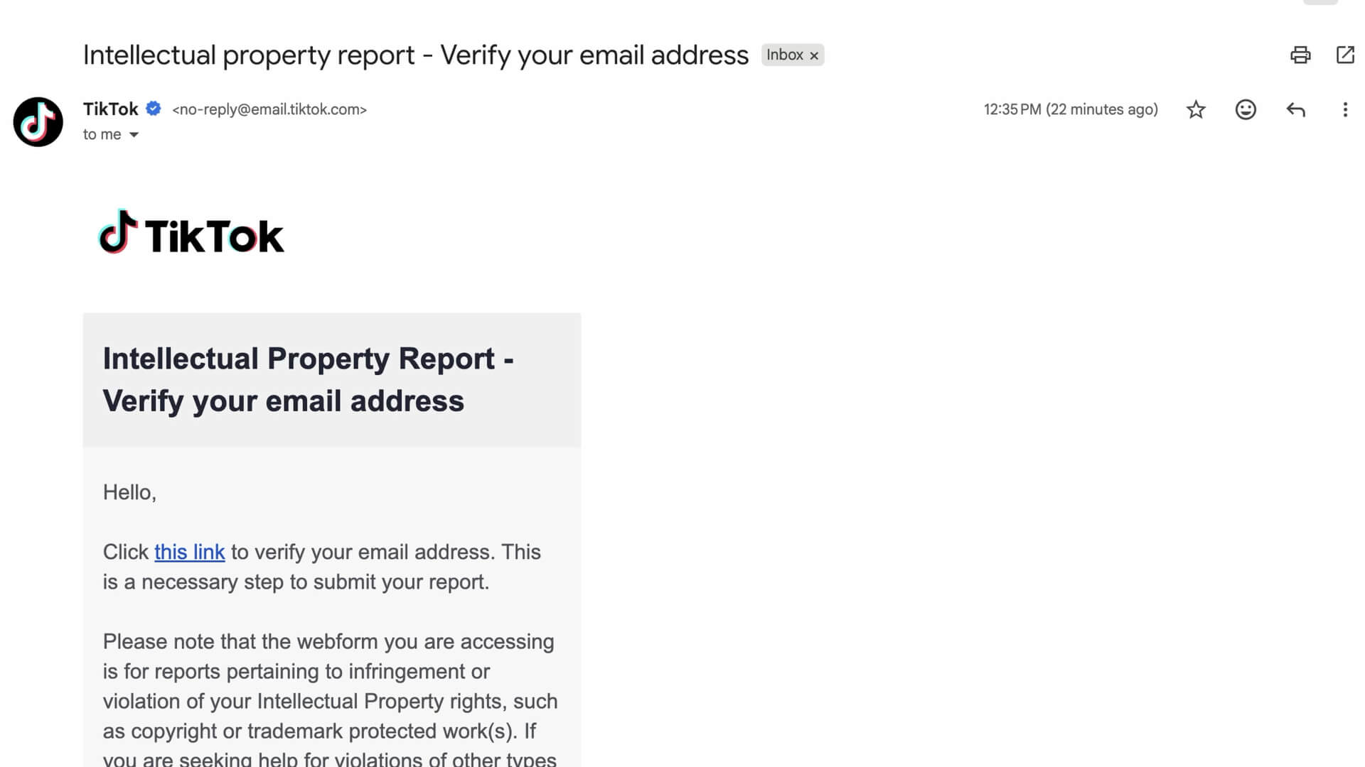 Verify email by clicking the link in the TikTok email | MultiField CopyCat