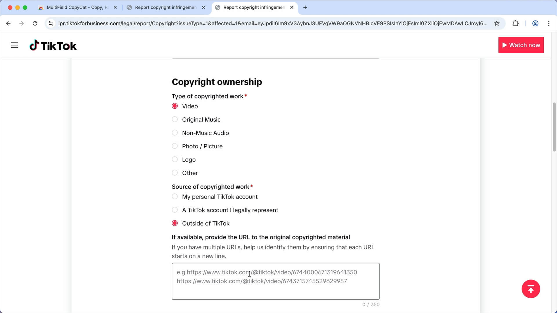 Filling in the TikTok form | MultiField CopyCat