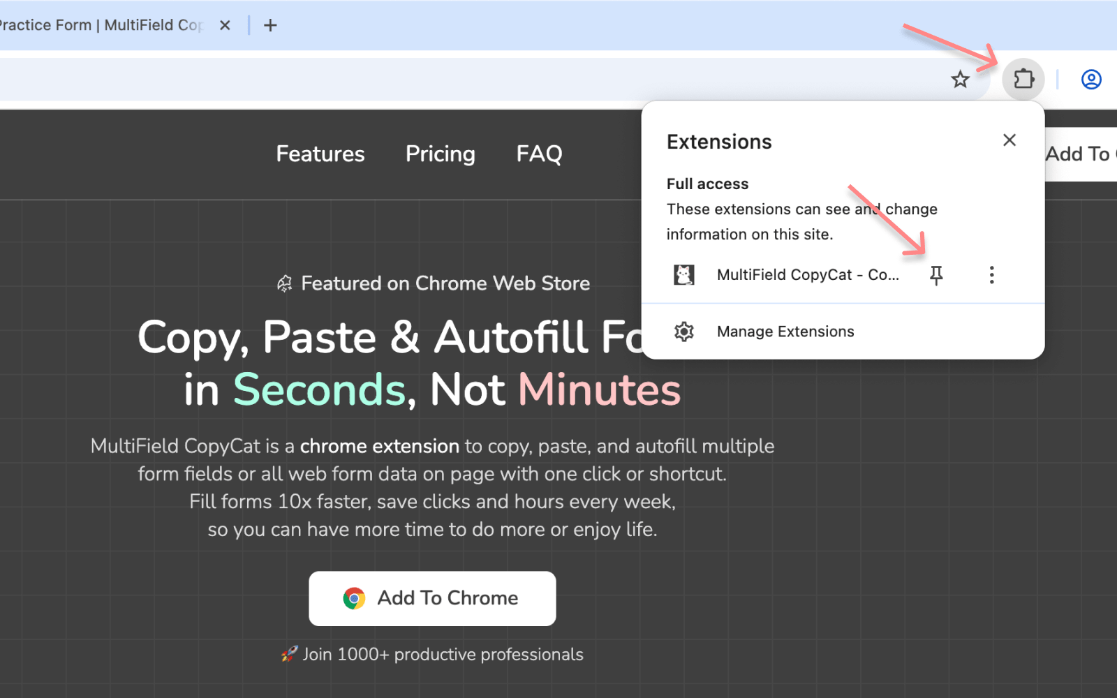 Pin the Extension to Browser Toolbar | MultiField CopyCat Form Copying Extension