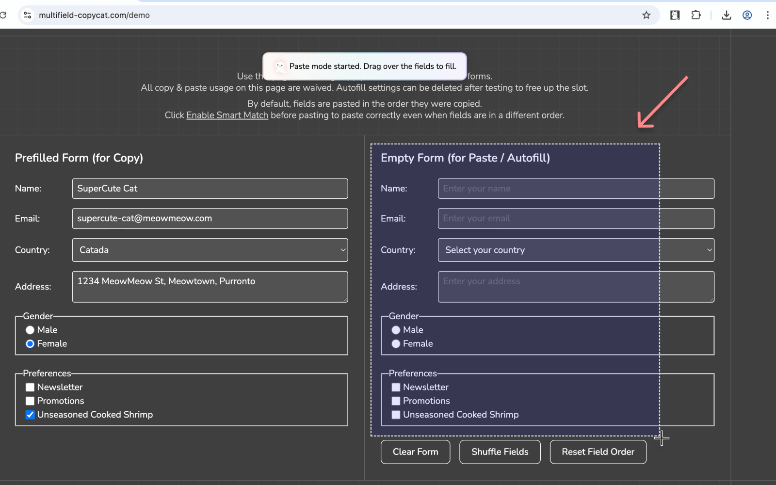 Drag over the form fields to paste in copied data | MultiField CopyCat Chrome Extension