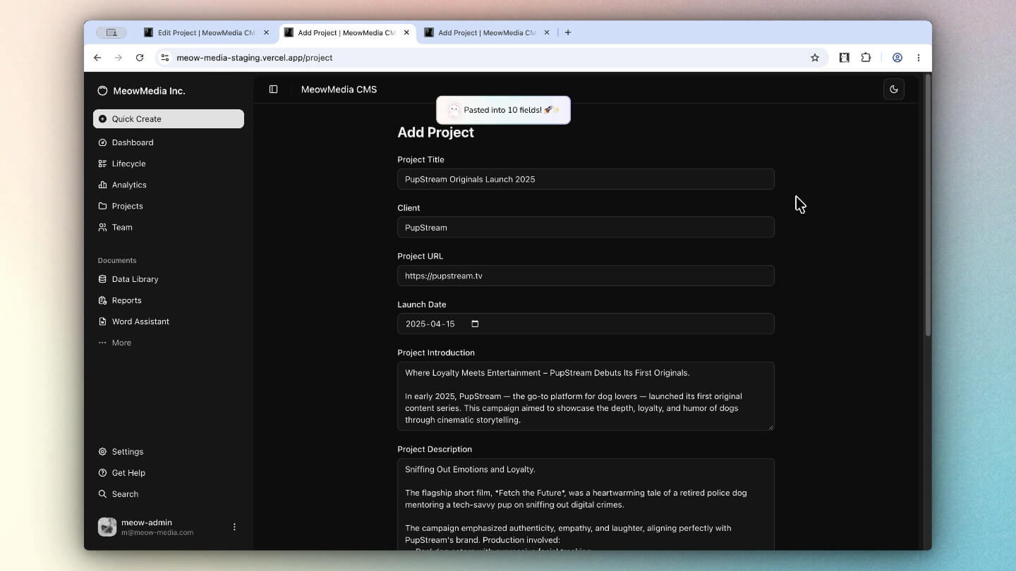 Pasted copied form data into multiple form fields