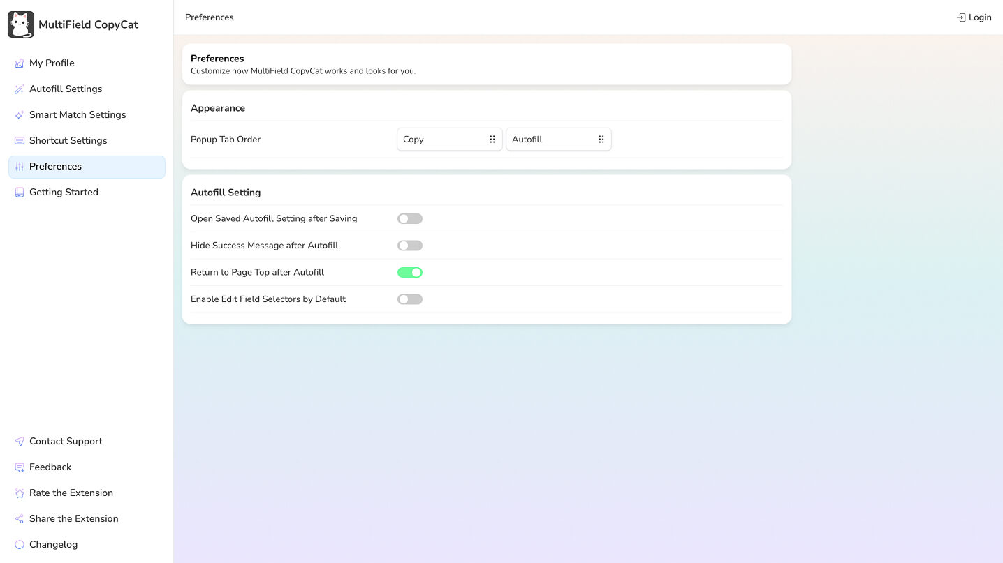 Preferences in the MultiField CopyCat Options page