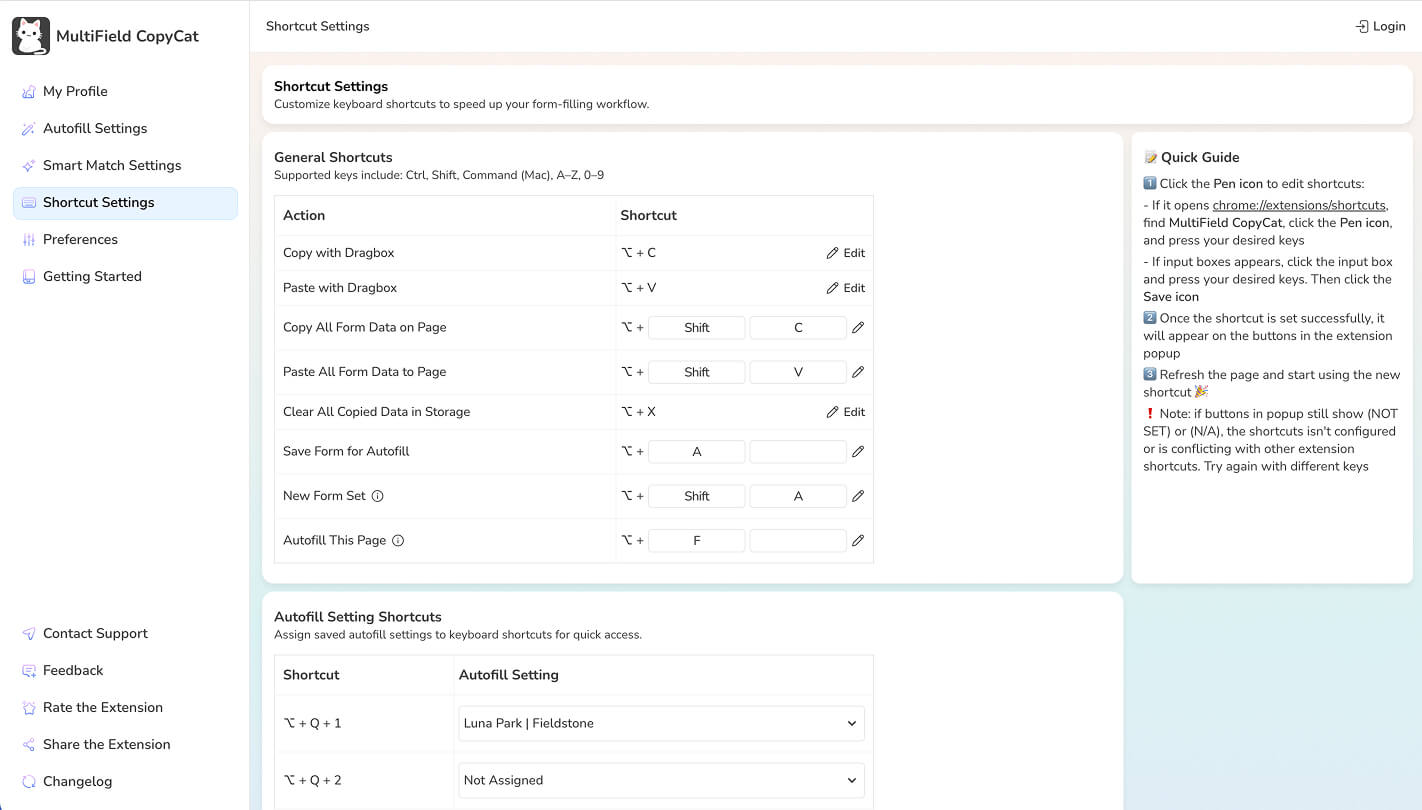 Default keyboard shortcuts section in Options page
