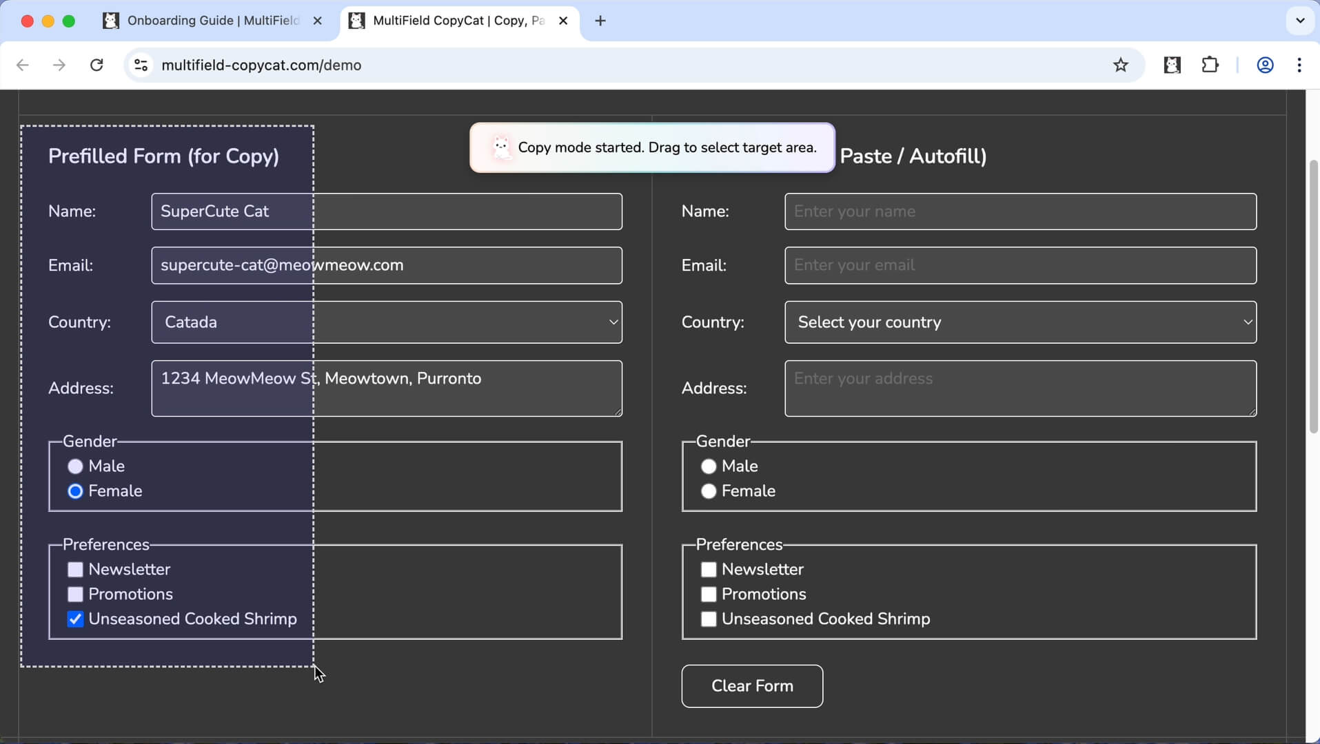 ドラッグボックスで複数フォームフィールドをコピー | MultiField CopyCat